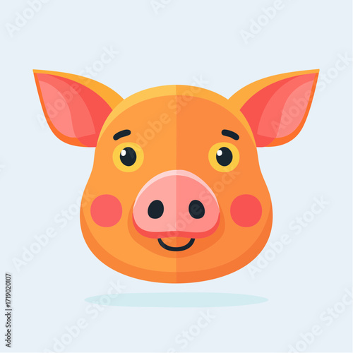 Cute pig smiles cheerfully with rosy cheeks on light blue backdrop, showcasing a simple and endearing animal portrait.