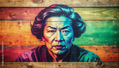 Portrait of an elderly Asian woman with vibrant colorful lighting against a wooden background.