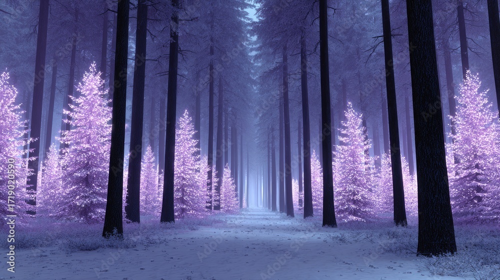 Naklejka premium Enchanting Purple Forest Pathway in Mysterious Winter Wonderland