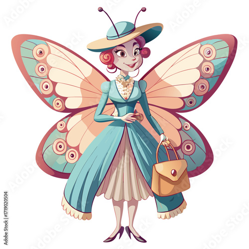 Elegant cartoon butterfly woman in a vintage dress and hat holding a handbag