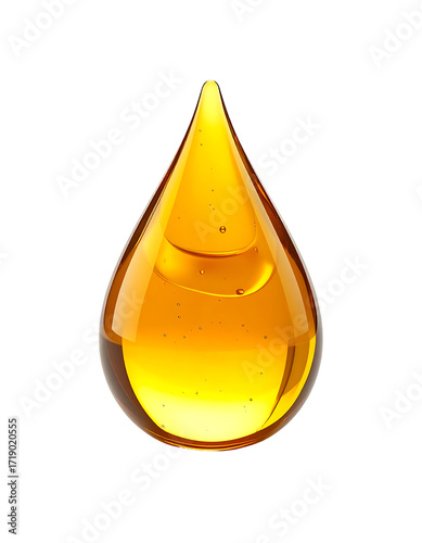 A single, glistening amber droplet of viscous liquid, exhibiting internal reflections and subtle surface tension