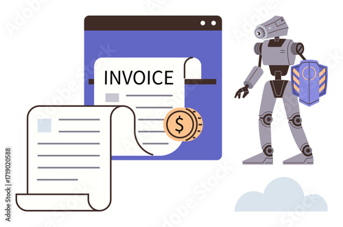 Robot holding shield near digital invoice and currency coin, ensuring transaction safety and automation. Ideal for cybersecurity, finance, automation, digital payments, fintech, invoicing, online