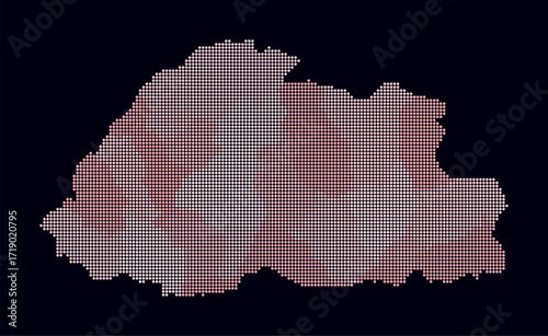 Bhutan dotted map. Digital style map of the country on dark background. Bhutan shape with circle dots. Colored dots style. Small size circles. Simple vector illustration.