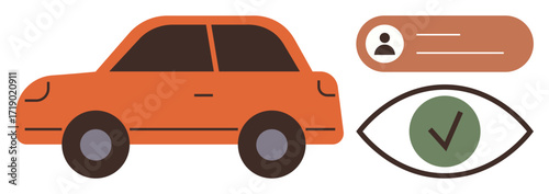 Orange car beside an ID profile bar and green checkmark inside an eye. Ideal for driving safety, vehicle security, verification, identity, approval, monitoring, digital authentication, simple flat