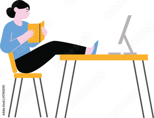 Flat Illustration of a Woman Relaxing at Desk Reading a Book