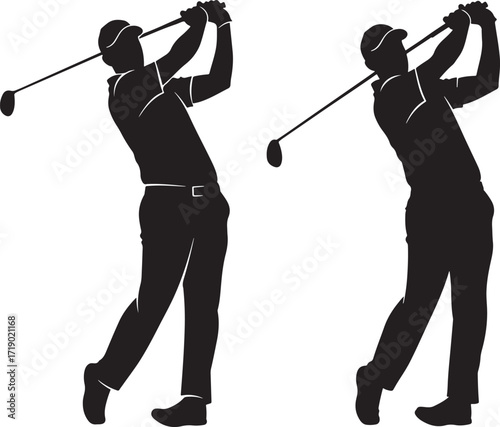 Two golfers swinging clubs silhouette