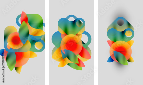 Abstract colorful shapes overlap, creating vibrant compositions. Three panels display similar designs with slight variations. Soft gradients dominate visuals.