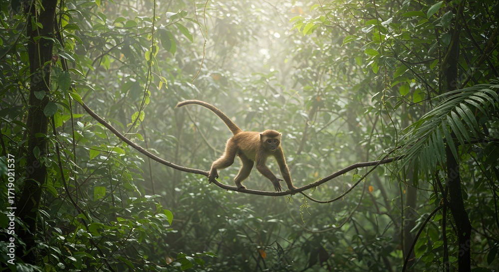 Obraz premium A Golden Lion Tamarin Monkey Navigates a Lush Tropical Rainforest Canopy