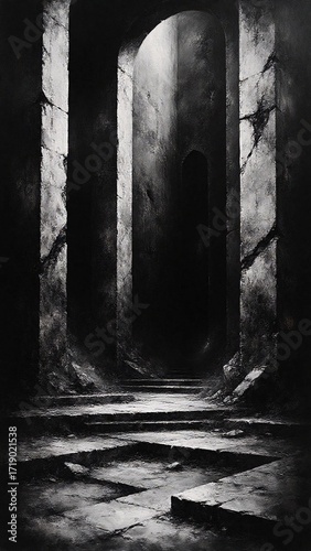 Dark tunnel with gothic architecture, black and white, ancient ruins