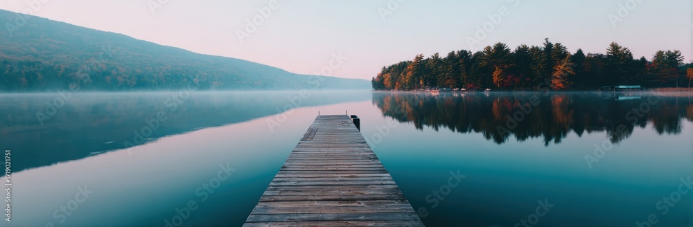 Fototapeta premium Tranquil waters meet a wooden dock, reflecting misty mountain and treeline under a soft sky. Serene, peaceful, and scenic