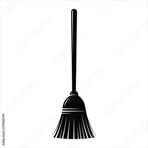 Black silhouette of a broom with a long handle and bristled head cleaning sweeping