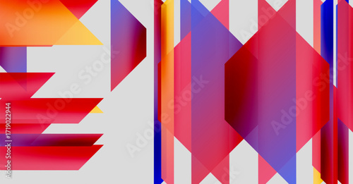 Abstract geometric composition. Vivid colors intersect, creating dynamic visual effect. Shapes overlap, forming complex patterns. Modern design.