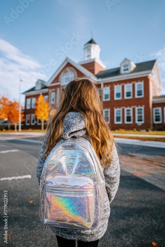 Girl w/ silver backpack faces red brick building on street in autumn. Clear blue sky above. Fall foliage surrounds the building's perimeter