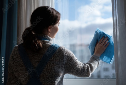 Woman, back to camera, cleaning window with blue cloth; blue sky visible outside