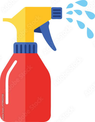 A spray bottle with a trigger nozzle releasing water droplets, commonly used for cleaning, gardening, and household sanitation—ideal for cleaning product visuals, hygiene guides, and home care design 