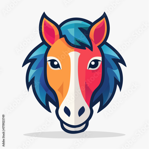 Colorful horse head stares forward with vibrant mane and playful expression on white background, showcasing modern animal art.