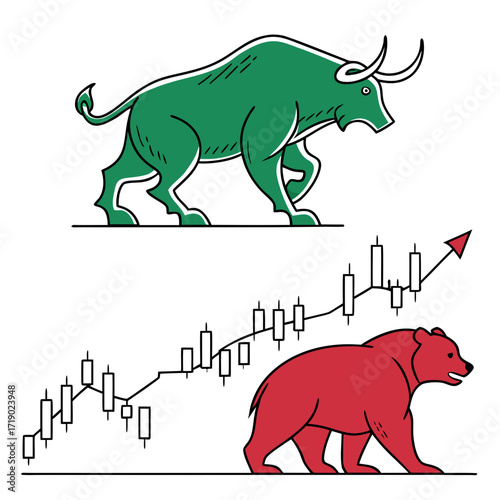 Illustration of a bull and bear market with a stock chart, the bull is green and the bear is red, representing the opposing forces in the financial market