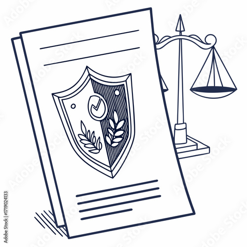 Illustration of legal document with shield and scales of justice symbolizes law, justice, protection, and compliance in legal and regulatory contexts