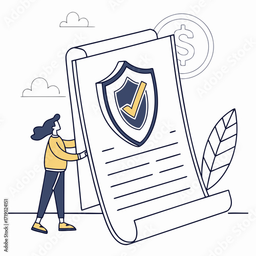 Illustration of woman holding legal document with shield and dollar coin symbolizes financial security, legal protection, and investment compliance