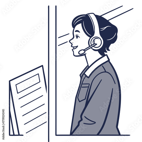 Vector art of a friendly female interpreter with a headset is providing simultaneous translation in a booth, focused on delivering accurate and clear communication