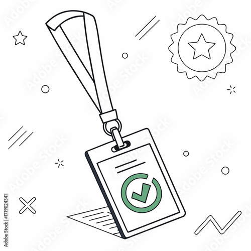 Vector art of a handdrawn illustration featuring a badge on a lanyard with a check mark, symbolizing verification, approval, or access, surrounded by abstract shapes