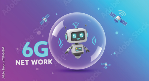 Cute Robot Illustrates the Future of 6G Network Connectivity. A cheerful cartoon robot floats inside a transparent bubble and purple background. EPS Vector