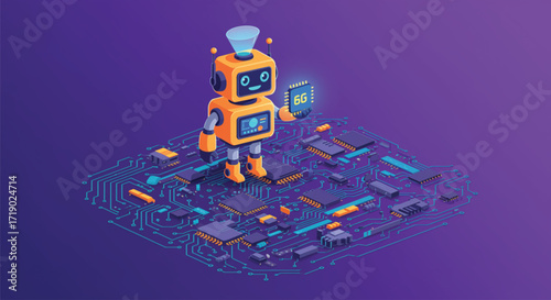 Futuristic Robot with 6G Chip on Circuit Board. An orange robot figure stands atop a complex circuit board and purple background. EPS Vector