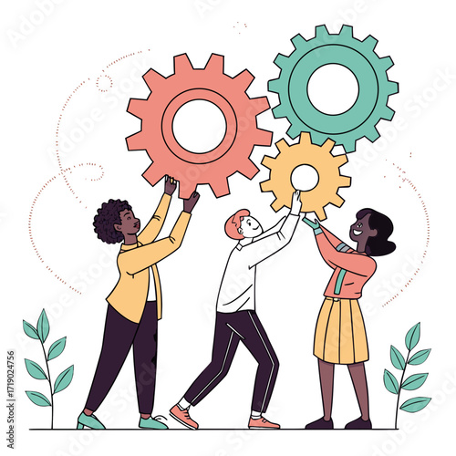 Vector art of diverse team members collaborate to build a successful business, working together to connect gears, symbolizing teamwork, cooperation, and achieving common goals