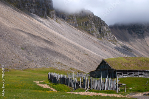 Vestrahorn Iceland, abandoned viking village film set and foot of mountain