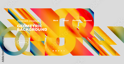 Dynamic abstract design. Vibrant colors, flowing shapes, geometric elements create modern visual experience. Navigation visible.