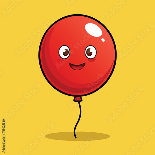 Cute red balloon character with happy face floating on yellow background