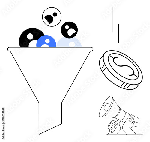 Funnel filtering user profiles into revenue symbol, megaphone symbolizing outreach. Ideal for marketing, sales, conversion, ROI, audience targeting, advertising strategies, simple flat metaphor
