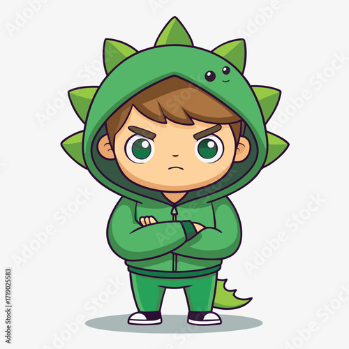 Cute cartoon boy wearing a green dinosaur costume with arms crossed and a grumpy expression