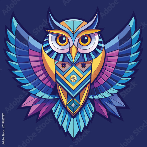Colorful geometric owl with outstretched wings on a dark blue background
