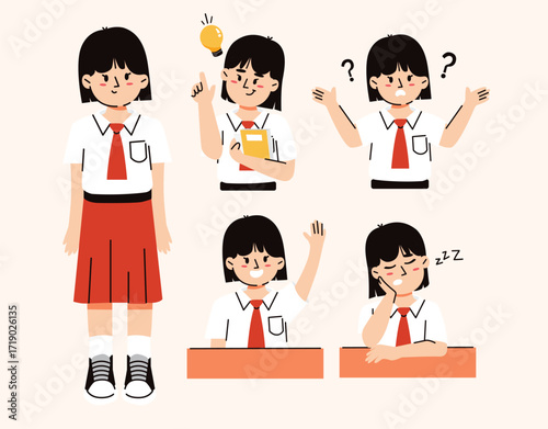 Vector illustration of a student girl in school uniform with various poses and facial expressions. The character is shown standing, raising hand, thinking, confused, sleeping in class.
