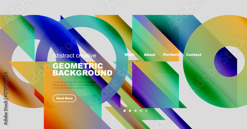 Colorful abstract design. Geometric shapes overlap creating vibrant visual experience. Website header with navigation options present.