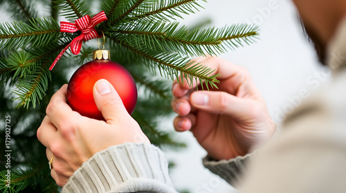 A man is seen closely hanging a red Christmas ball onto a spruce branch..A close-up shows a man attaching a red Christmas ornament to a spruce branch..A detailed view of a man affixing a red