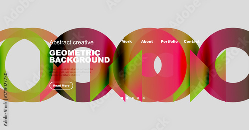 Colorful overlapping circles create dynamic background. Text elements present work, about, portfolio, contact options. Button invites further exploration.