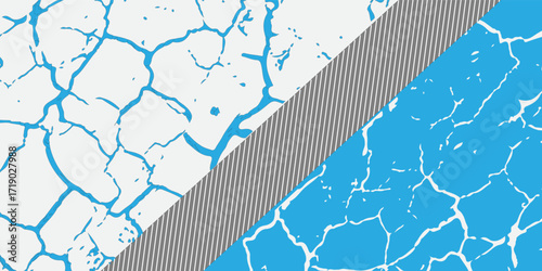 Abstract image with a diagonal line separating two cracked surface patterns, one white with blue cracks and the other blue with white cracks.