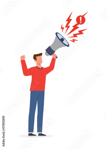 Man speaking into megaphone for announcement. Stock illustration.