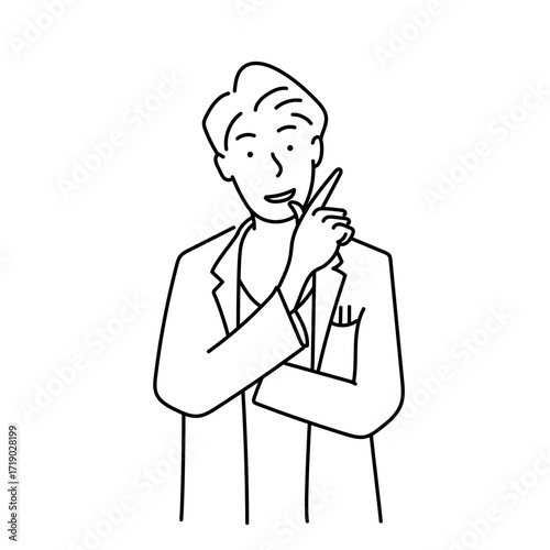 笑顔の男性医師がひらめいて指を立てる線画イラスト｜アイデアや解決策を象徴し、医療現場や教育素材に適した白背景のベクター