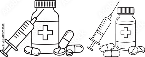 Medical supplies silhouette including bottles pills and syringes