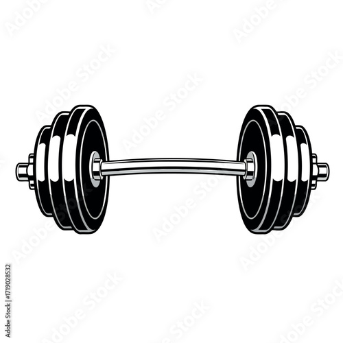 Vector illustration of a black and white illustration of a barbell with weight plates on each side, isolated on a