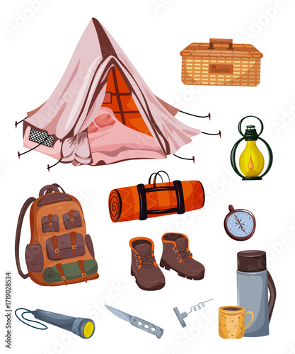 Vector camping set. Travel items. Tent, backpack, hiking boots, picnic blanket and basket, folding knife and corkscrew, thermos, mug of tea, compass and flashlight.
