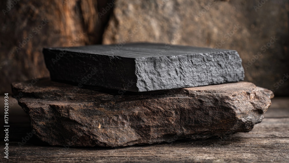 Fototapeta premium Dark gray stone slabs on rough brown rocks