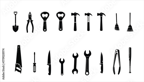 Collection of black silhouette tools and objects on white background shovel pliers