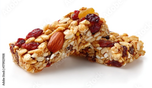 Two granola bars, layered with dried fruit and nuts, angled on a white background