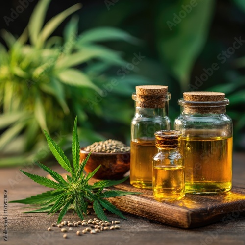 Hemp oil in small glass bottles, seeds and leaves on a wooden board
