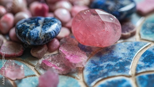 Colorful gemstone mosaic.  Pink, blue, and purple polished stones