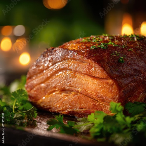 Roasted ham, golden brown and sliced, sits on a dark wooden board, with fresh herbs,  and bokeh lights